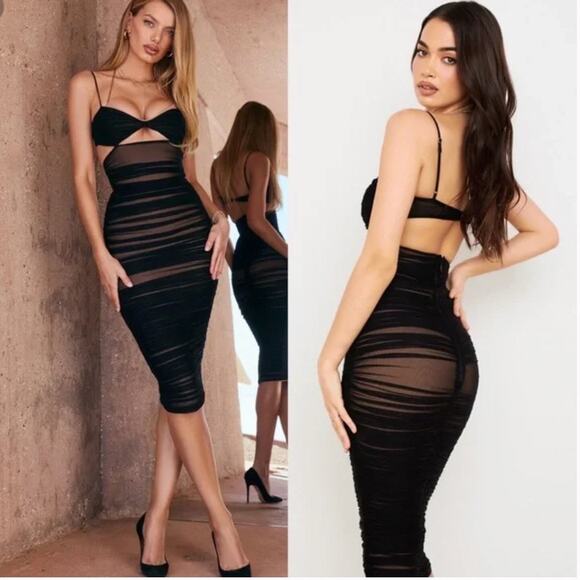 House of CB Dresses & Skirts - House of CB Tibi Black Sheer Mesh Ruched Cut Out Body Con Midi Dress SZ L+ 10-12